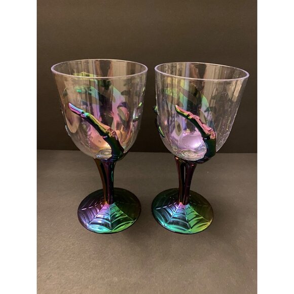 Set Of 4 Multicolored 3D Skeleton Hand Plastic Goblets with Spider Web Base - Picture 4 of 6